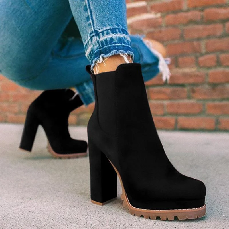 Elastic Panel Slip On Chunky Heel Ankle Booties (Ship in 24 Hours)