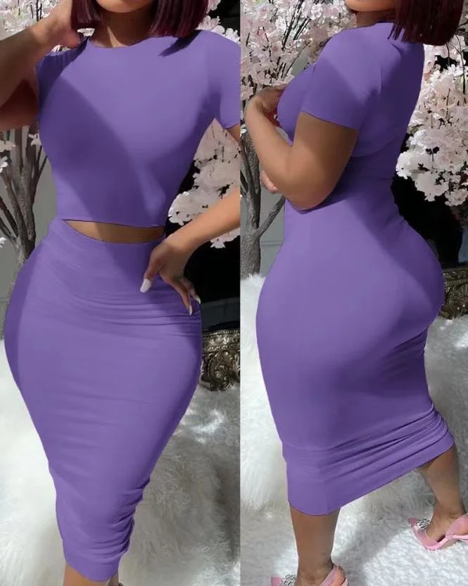 Wongn Wongn Round Neck Short Sleeve Show Waist Sexy T-Shirt Wrapped Buttock Skirt Set