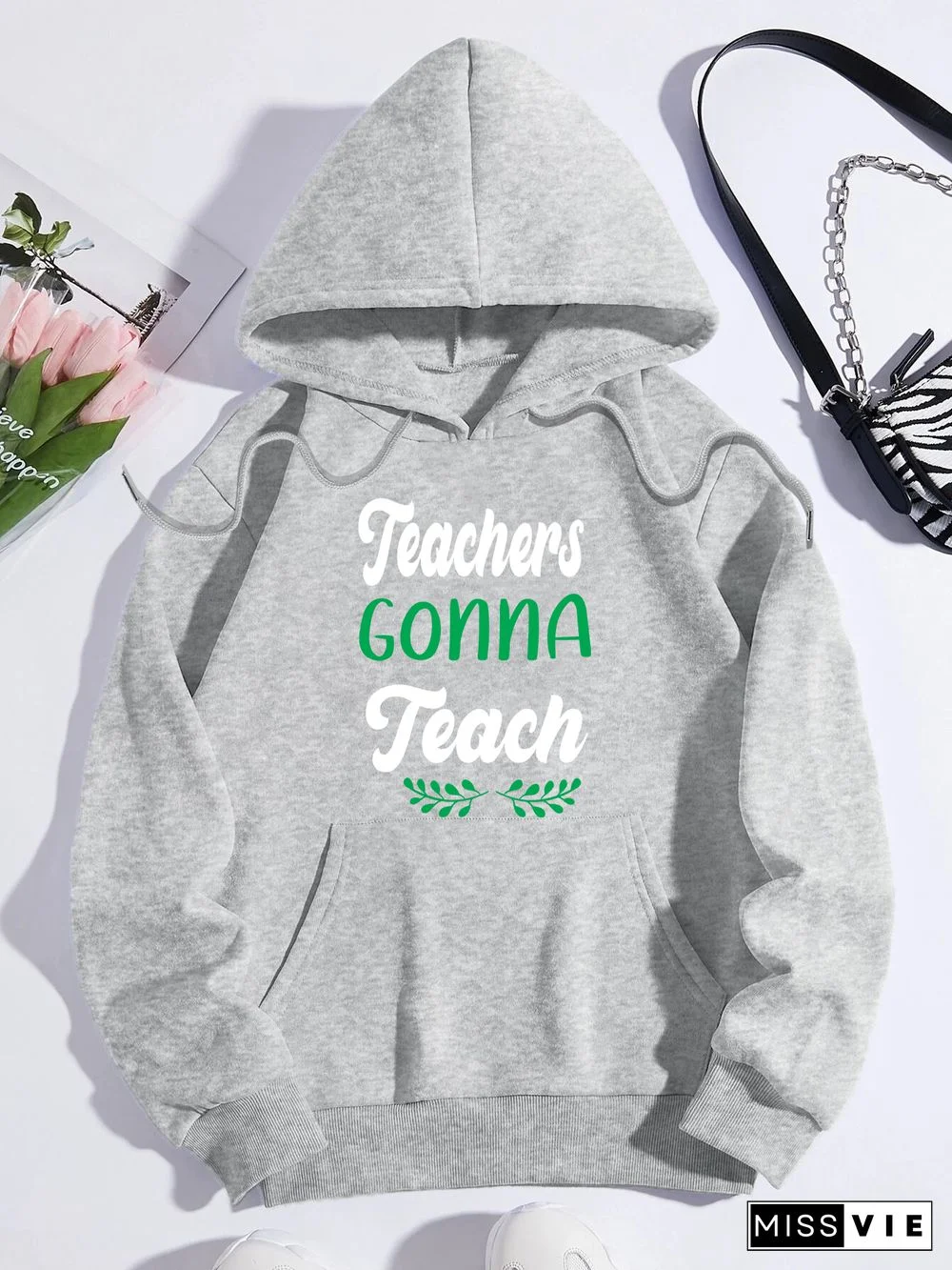 Printed on front Kangaroo Pocket Hoodie Long Sleeve for Women Pattern teacher gonna teacher