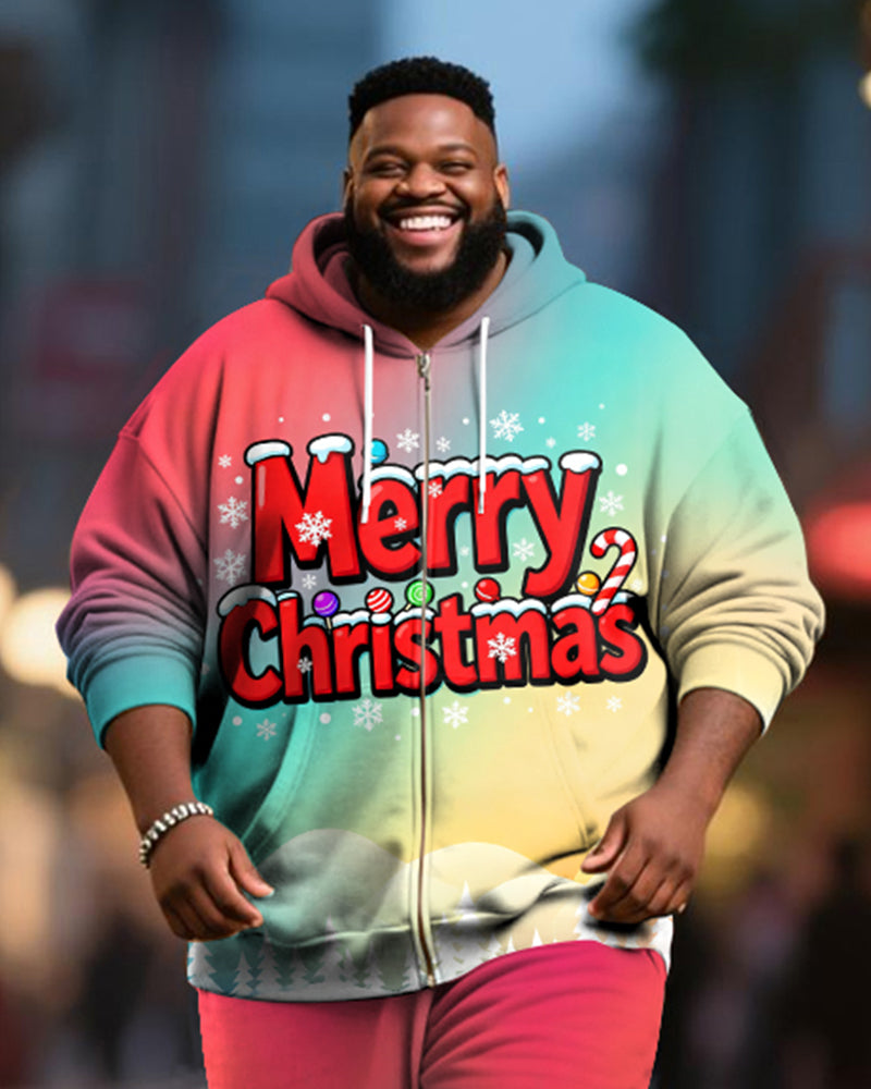 Big & Tall Men's Merry Christmas Gradient Alphabet Print Cardigan Hoodie Suit
