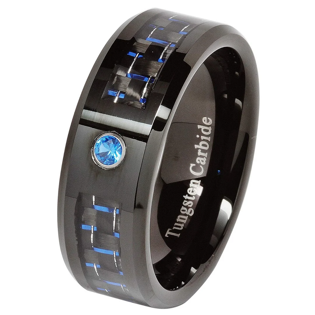 Mens Women Tungsten Ring Blue Cz Blue Carbon Fiber Inlay Men Womens Wedding Band Comfort Fit Couple Rings For Width 4MM 6MM 8MM 10MM