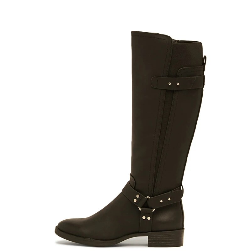TAAFO Black Knee-High Riding Boots Chunky Heels Women Almond Toe Zip Ladies Rivet Shoes