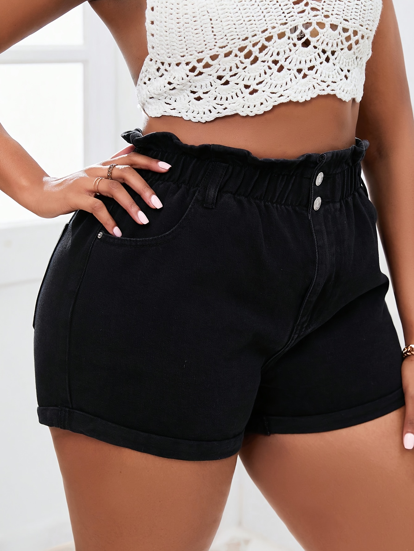 Plus - Size Paperbag Waist Denim Shorts Black, Ruffled Elastic Waist. Button Front, Rolled Cuffs. Cute & Comfy, Perfect for Summer Vibes. Pair with Crochet Tops for A Chic Look., Casual Wear, Stylish Bottoms, Trendy Fashion, Quality Stitching