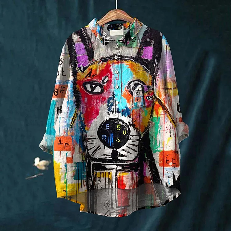 Comstylish Graffiti Art Dog Print Casual Cotton And Linen Shirt