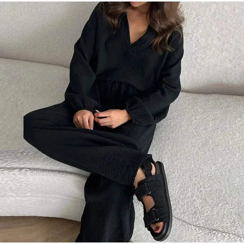 Huiketi Women's Pants Suit 2024 Spring Summer Solid Loose Long Sleeve Top Elastic Drawstring Wide Leg Trousers Chic Lady Home Pant Sets