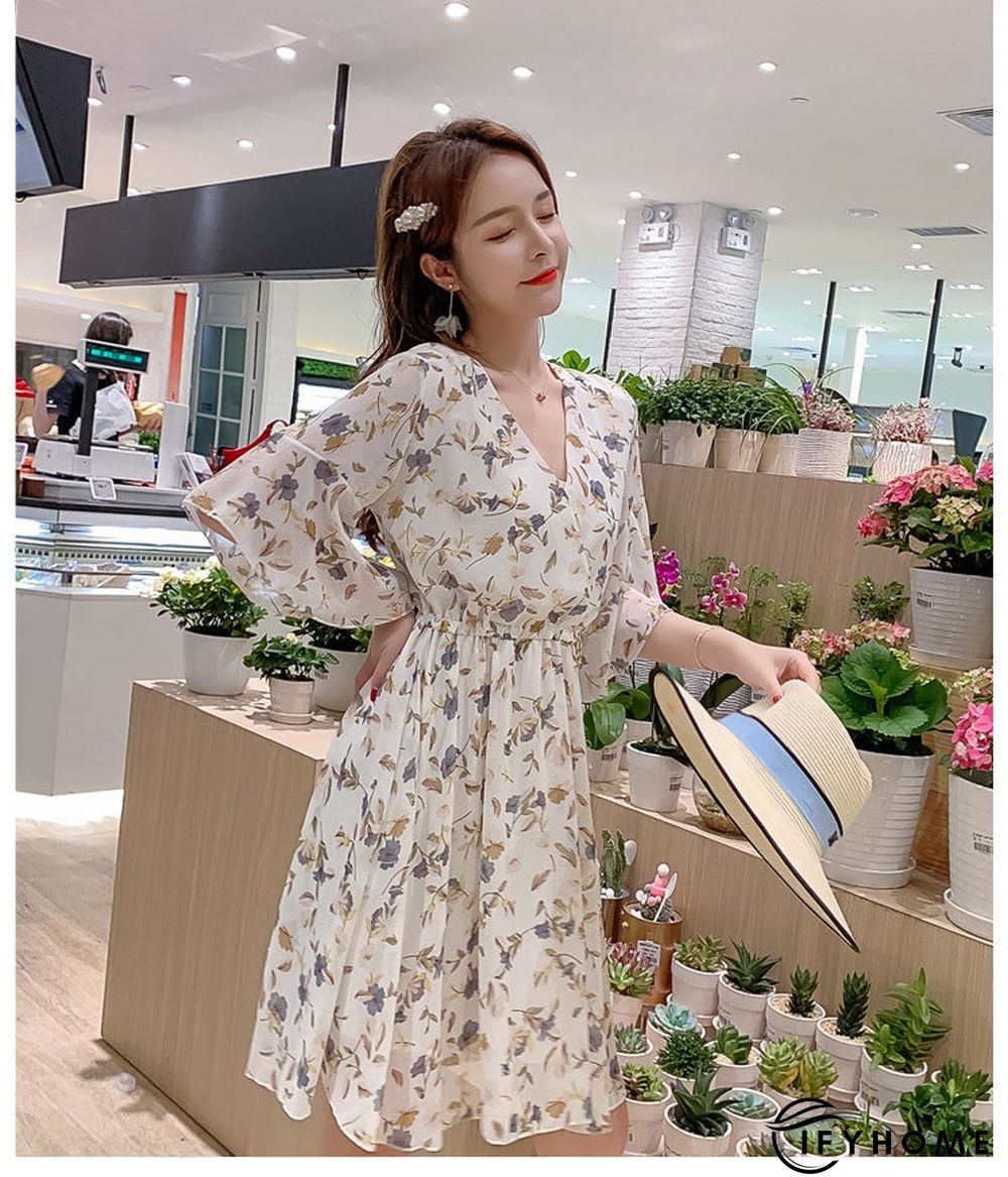 Spring Summer Chiffon Women V-Neck Floral Print Short Dresses Sweet Ruffle Sleeeve Slim Drawstring Ladies Dress | IFYHOME