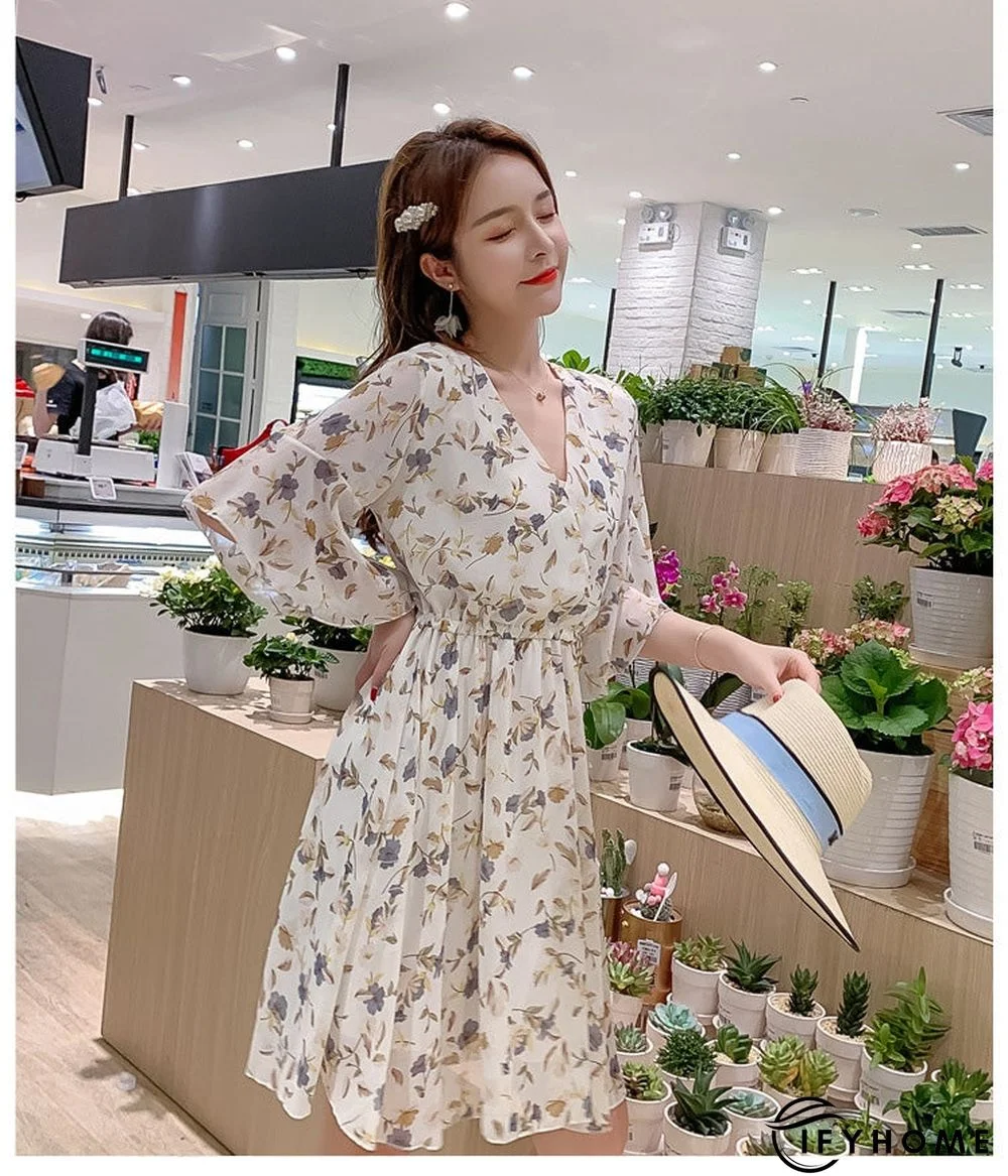 Spring Summer Chiffon Women V-Neck Floral Print Short Dresses Sweet Ruffle Sleeeve Slim Drawstring Ladies Dress | IFYHOME