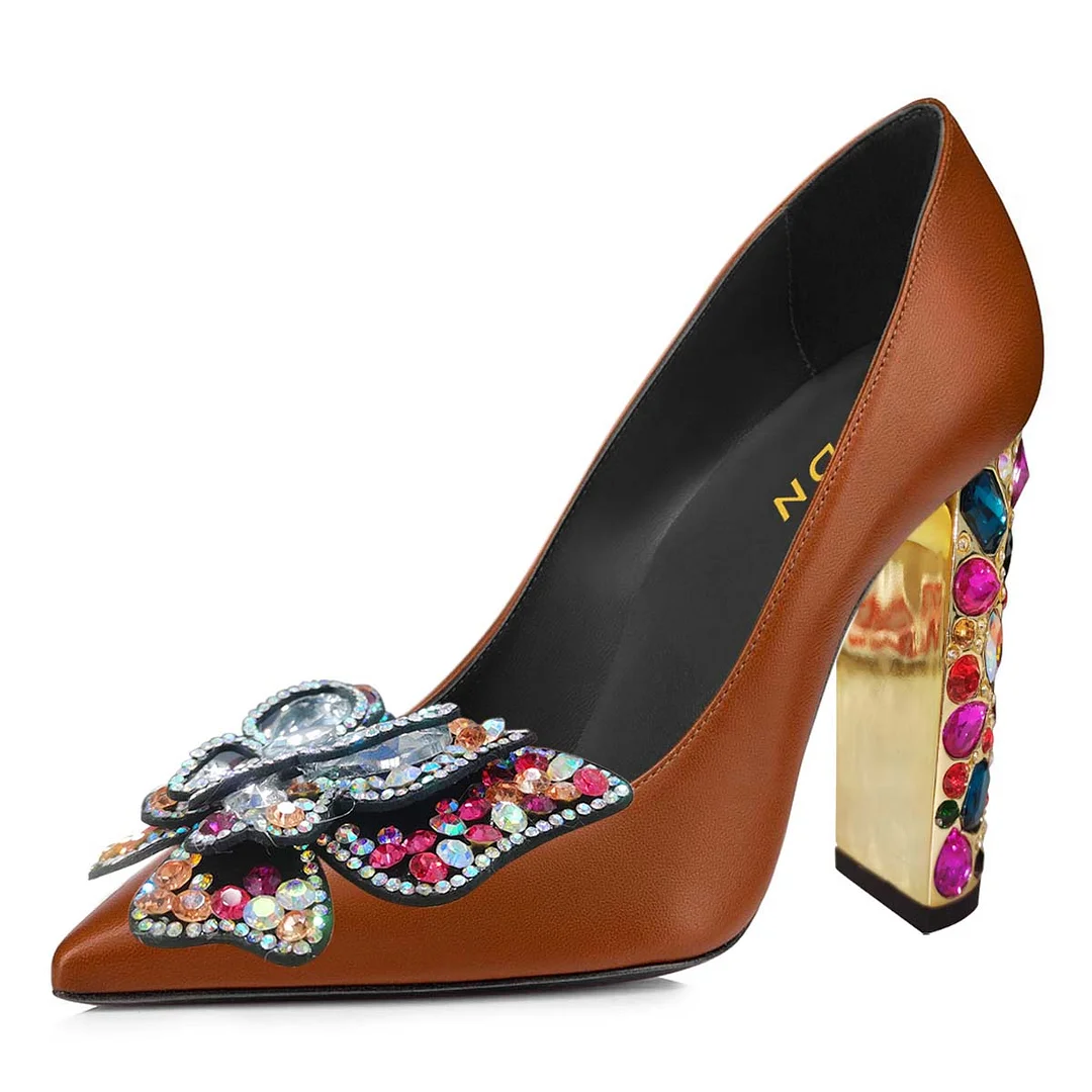 Brown Vegan Leather Chunky Heel Pumps Shoes with Jewelry Butterfly