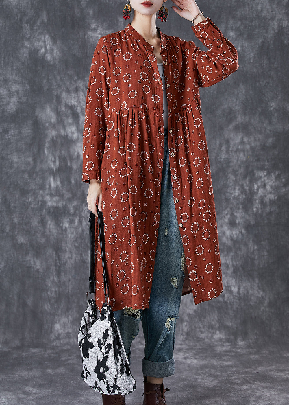 VCSHOES Red Print Cotton Shirt Dress Fall