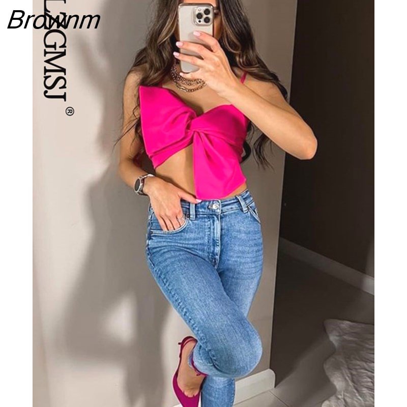 Brownm 2023 Crop Top Women Sleeveless Party Off Shoulder Spaghetti Strap Backless Korean Bow Tank Tops 202304