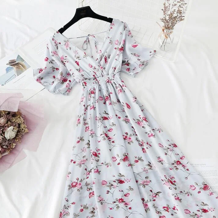 Summer Dress Vintage Floral Ruffles Women Print Short sleeve Chiffon Boho Dresses Mid-calf A-line Backless Sexy Dress Vestidos