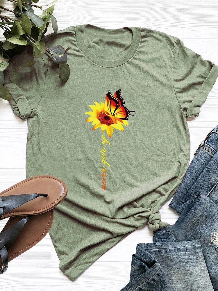 Bestdealfriday Never Give Up Butterfly Sunflower Graphic Tee