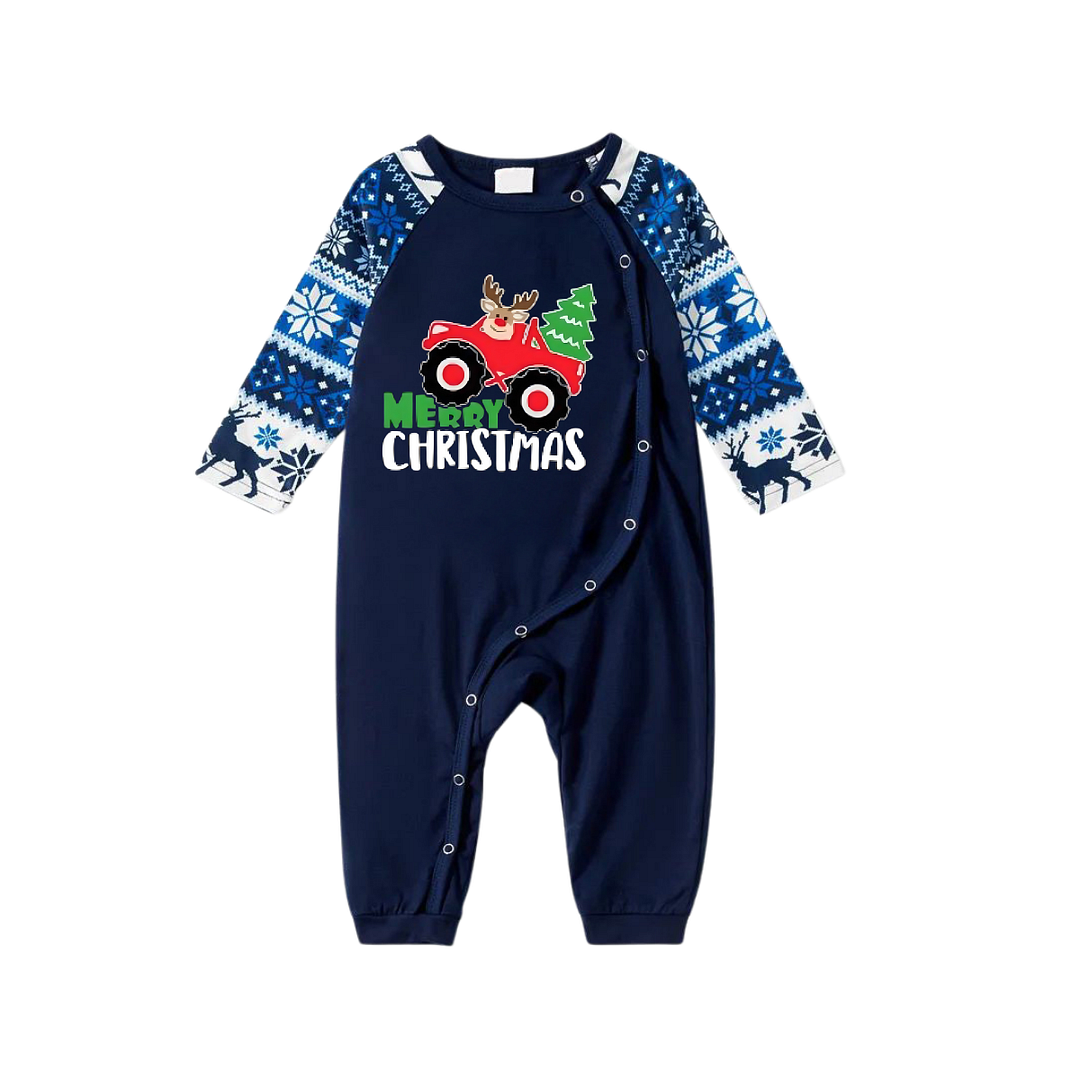 Driving Elk Cartoon Pattern Blue Family Christmas Matching Pajamas