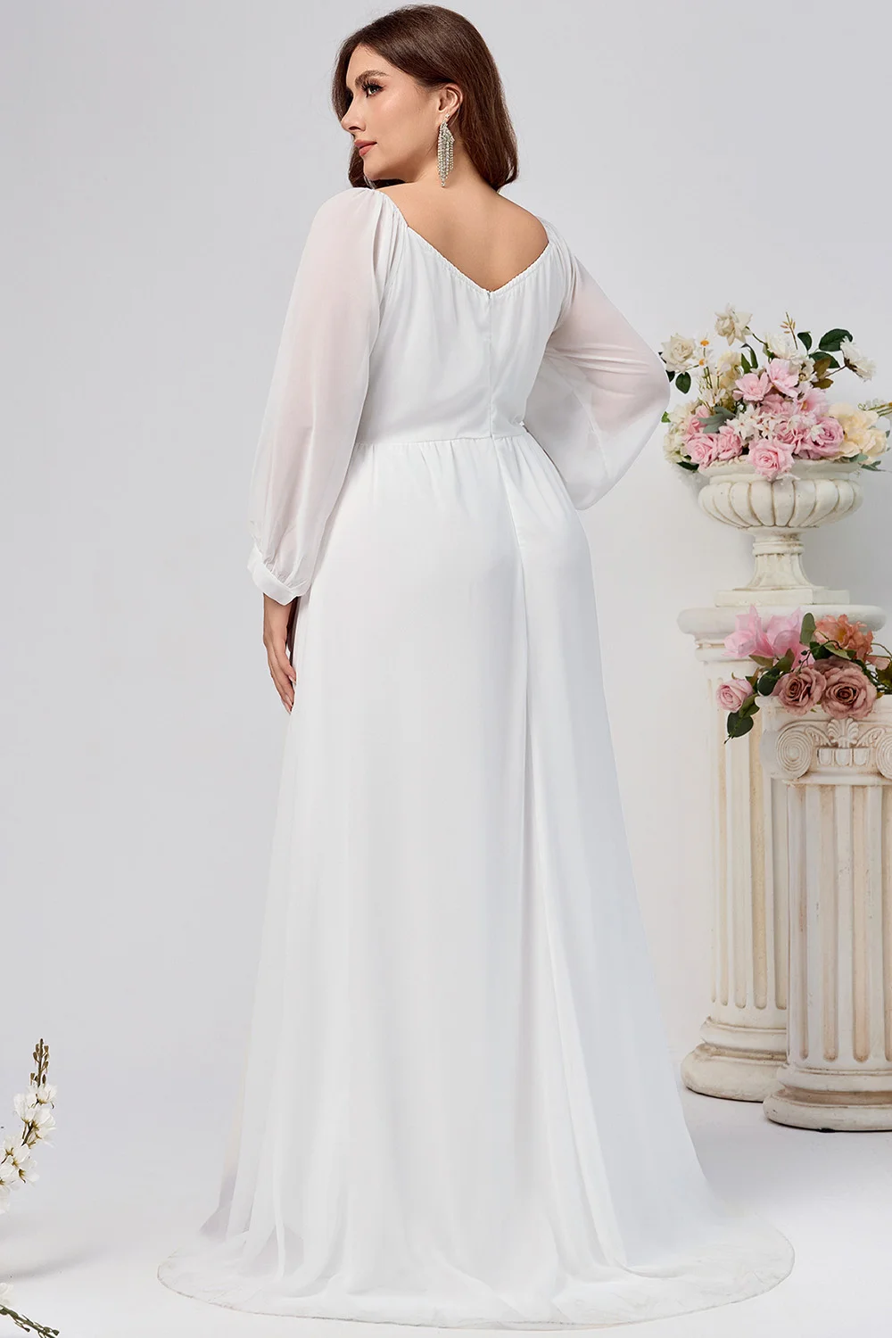 Plus Size Formal White Chiffon See-Through Lantern Sleeve Maxi Dress