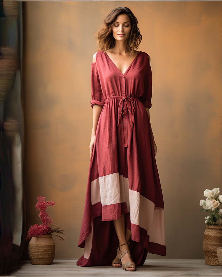 Women's cotton and linen color block loose drawstring dress 07