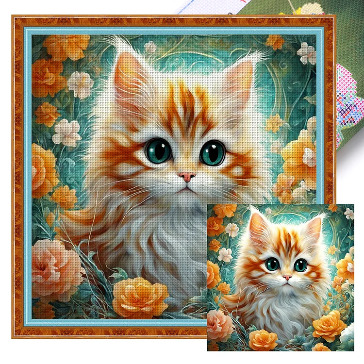 Flowers And Cat - Printed Cross Stitch 18CT 35*35CM