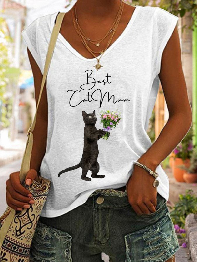Women's Best Cat Mom Print V-Neck Sleeveless T-Shirt