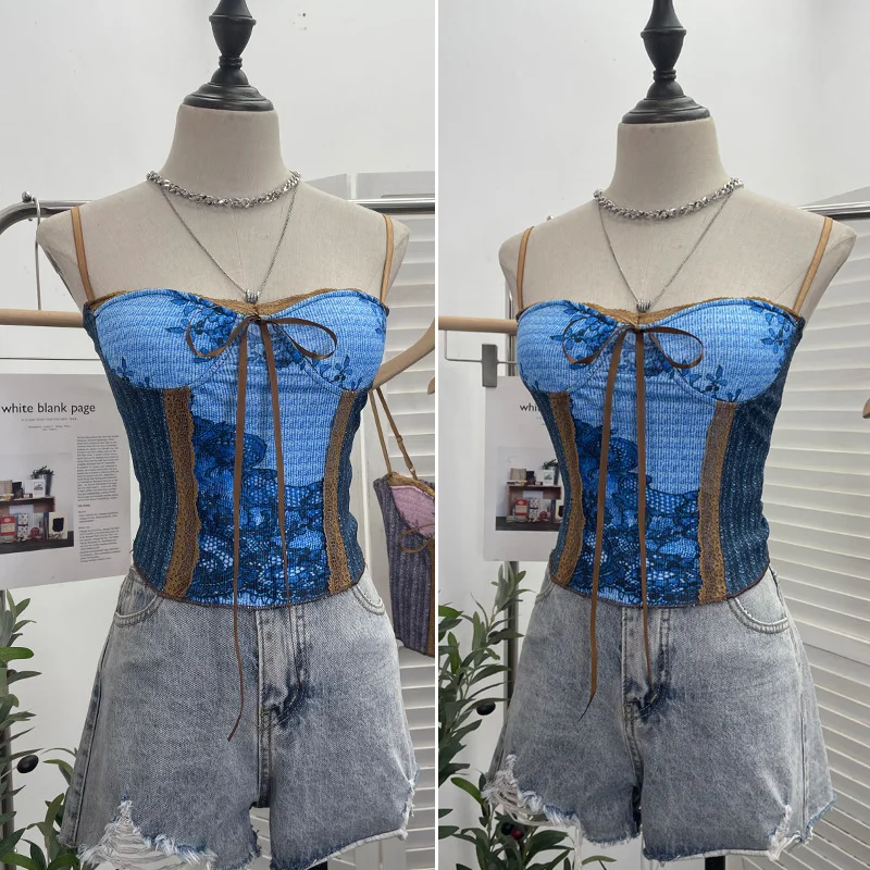 Uveng Vintage Ink Painting Niche Hottie Sling Vest With Chest Cushion Short Tie Tector-Meared Blouse Woman 8821