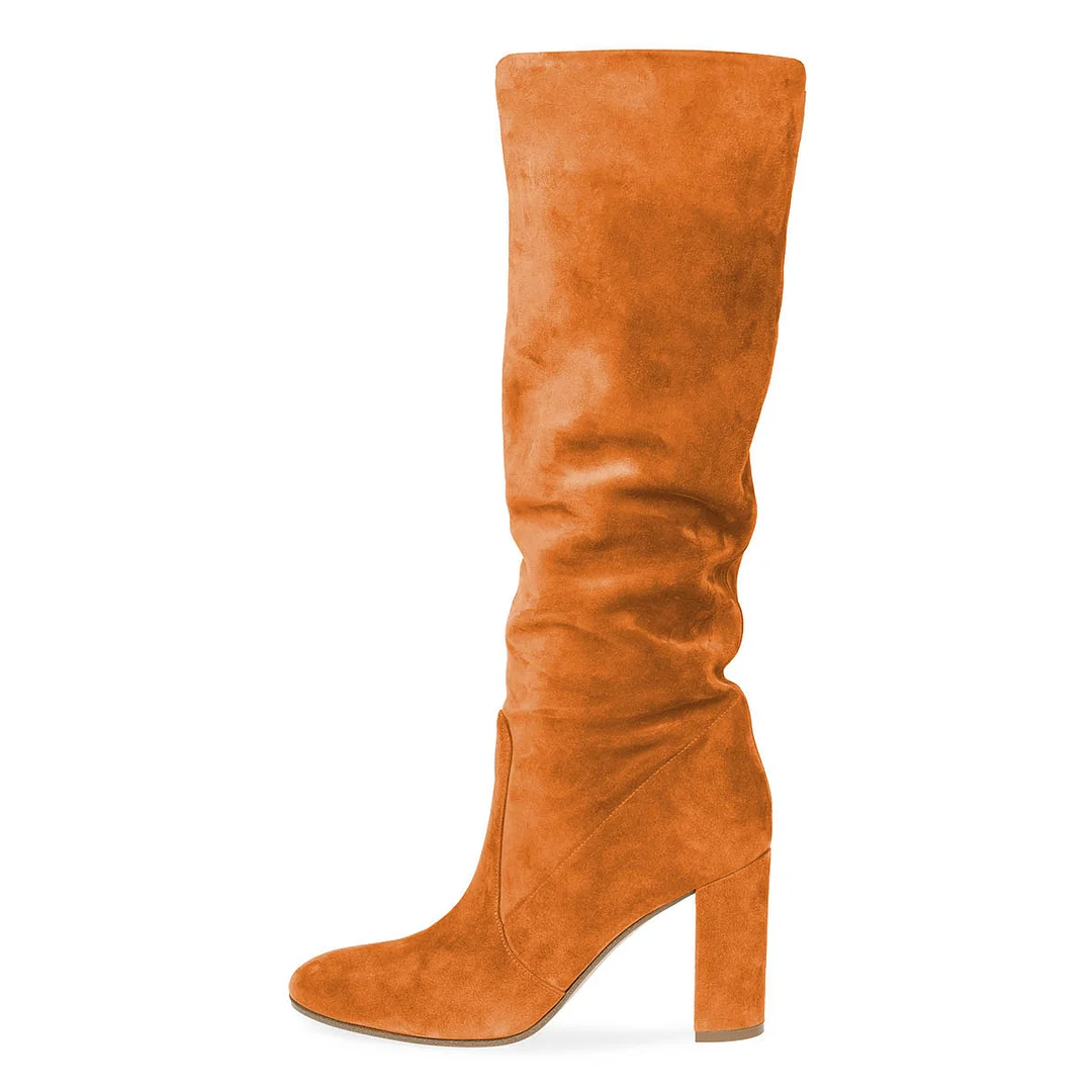YDN Simple Orange Chunky Heel Round Toe Pull-On Slouch Tall Boots