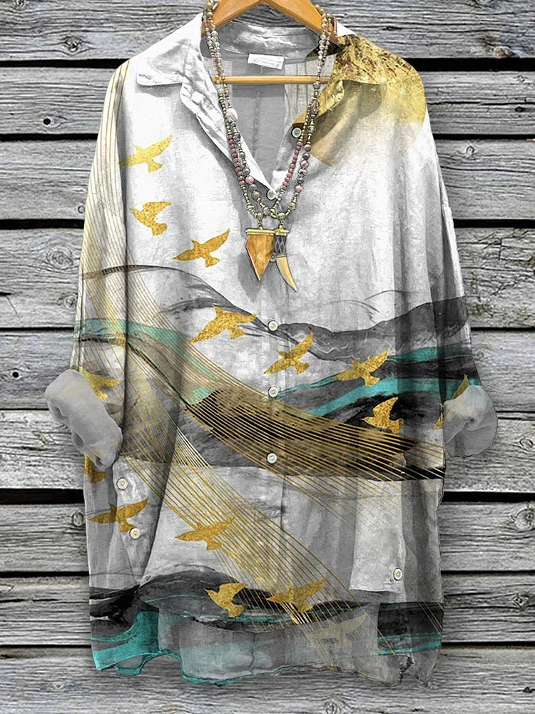 The Trace Of Bird Migration Art Printed Women's Casual Cotton And Linen Shirt