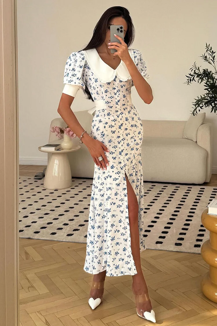 Doll Collar Short Sleeve Back Bow Ditsy Floral Print Slit Midi Dresses-White