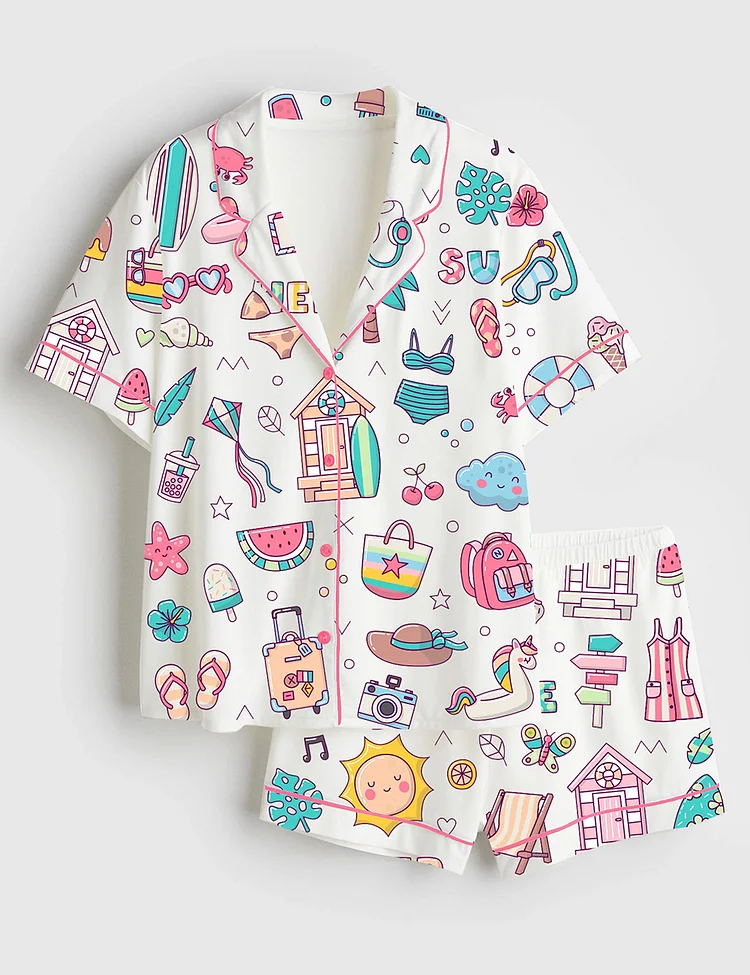 Women&rsquo;s Summer Love Travel Holidays Art Tropical Flamingo Draw Surf Beach Sunny Van Short Sleeve Satin Pajama Set