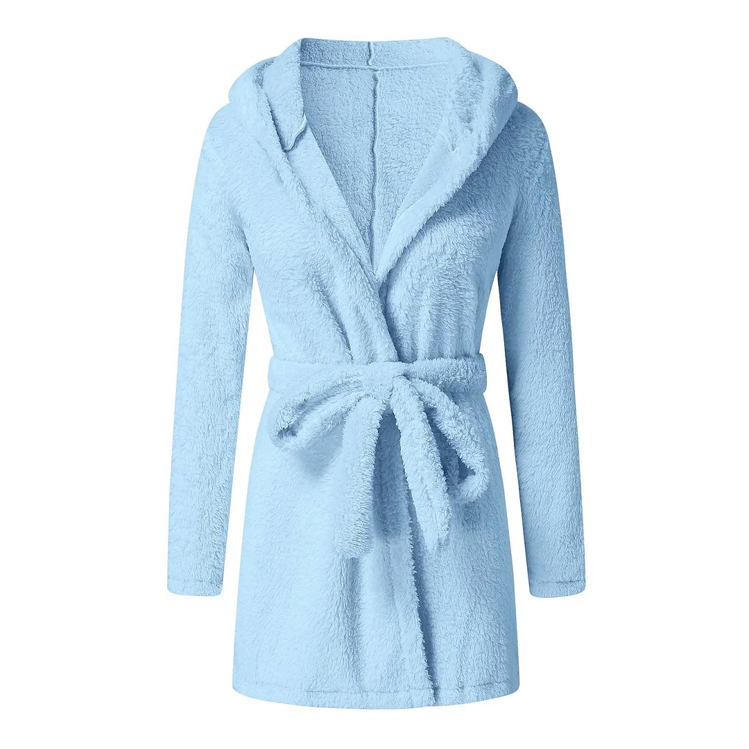Women Plush Bandage Robe Soft Comfortable Cute Warm Pajamas Winter Sleepwear Shower Spa Bathrobe Sleep Nightgown Dressing Gown