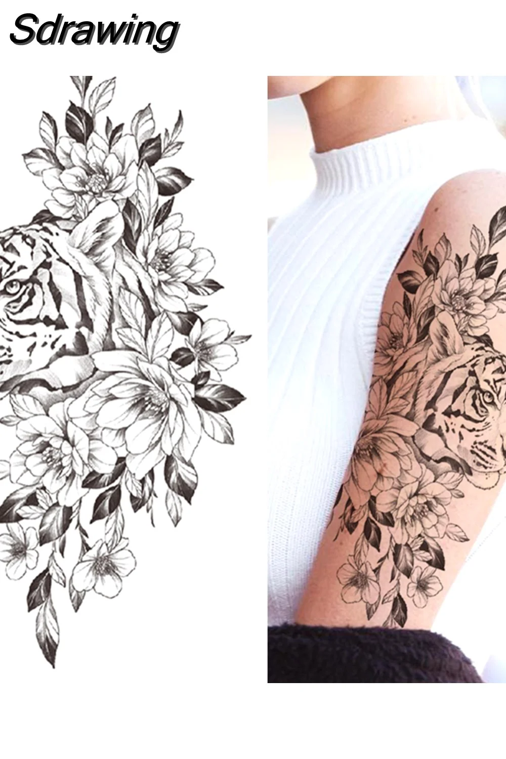 Sdrawing Fake Peony Temporary Tattoos For Women Girl Black Rose Elephant Flower Tattoo Sticker Tiger Anemone Tatoos Half Sleeve 521-1