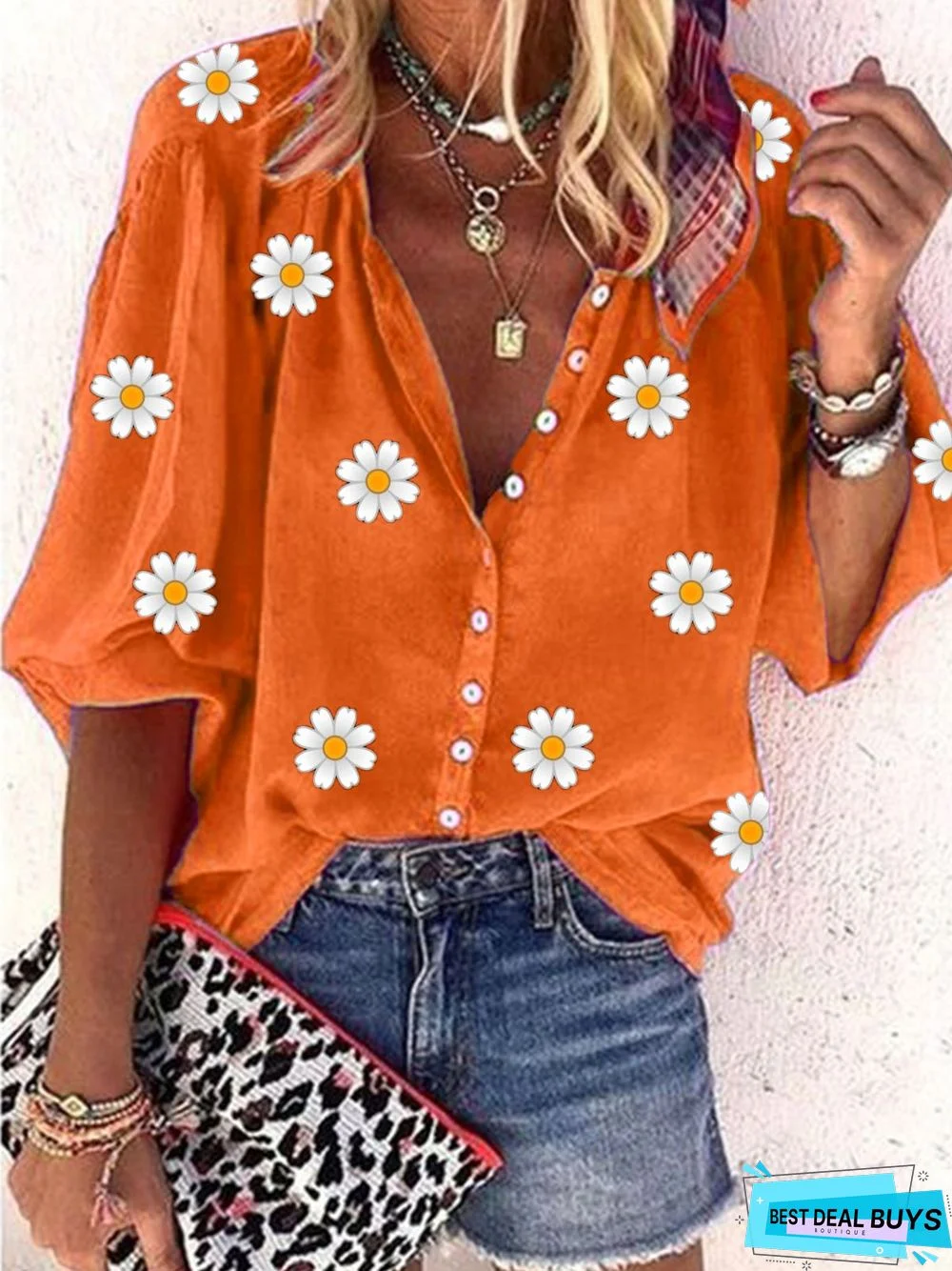 Casual Daisy Loose V neck Three Quarter Blouse