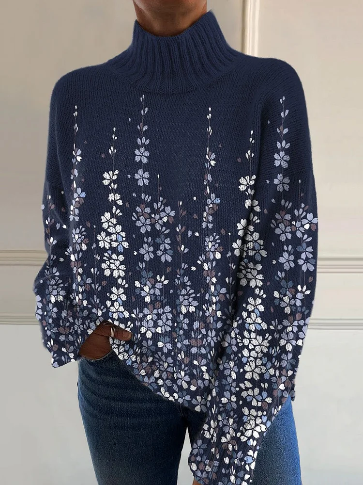 Vintage Bouquet Art Print Knit Turtleneck Pullover Sweater