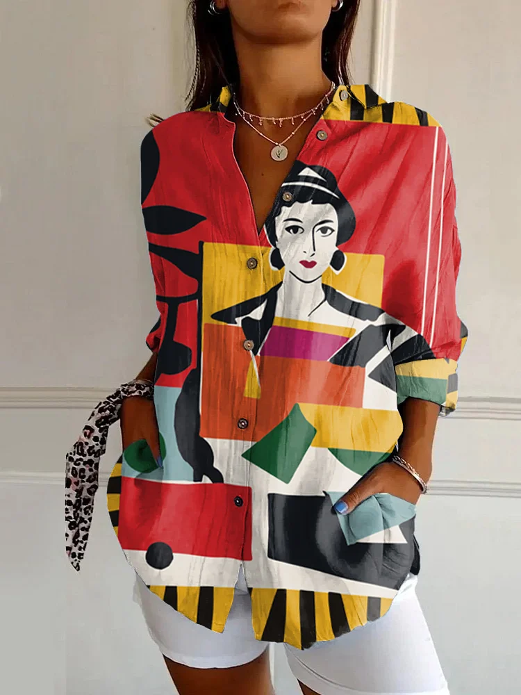 Retro Abstract Color Block Art Print Long Sleeve Shirt