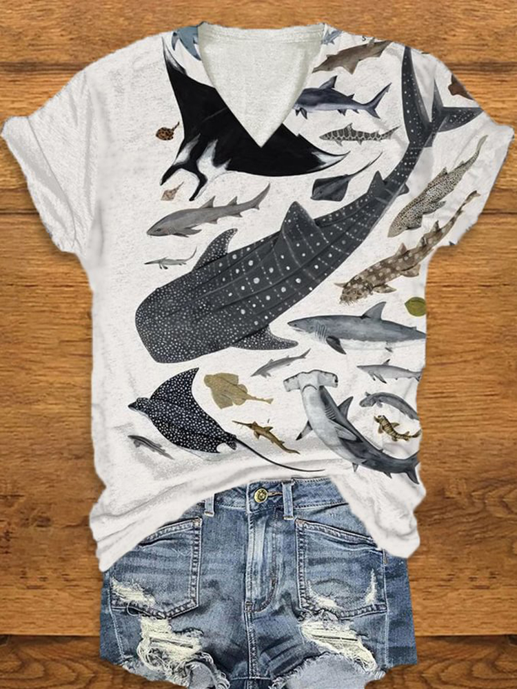 Comstylish Women's Retro Dolphin Fish Flow Sea Art Print V Neck Tee