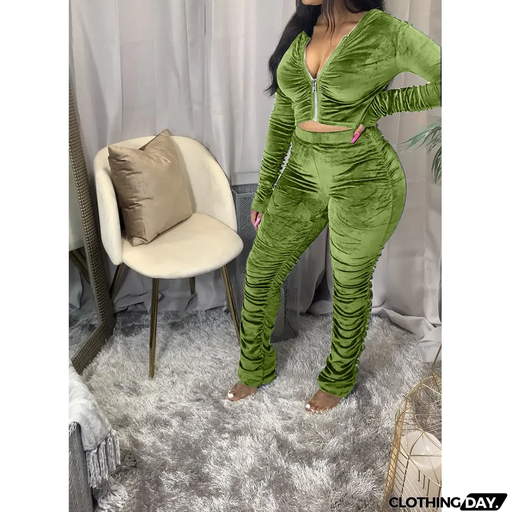 Velvet Pleated Zipper Hooded Jacket Skinny Pants Suit