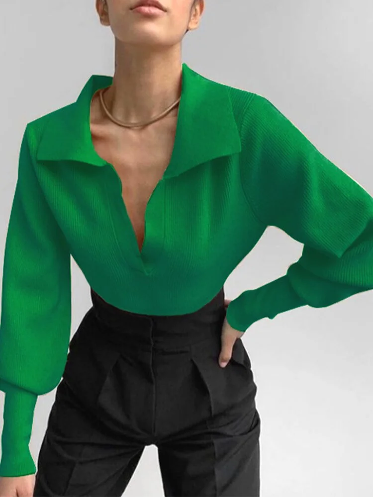 Back to School Knitted Polo Collar Loose Women's Sweater Pullover V-Neck Long Sleeve Top  Autumn Office Lady Jumper Winter Clothes Women