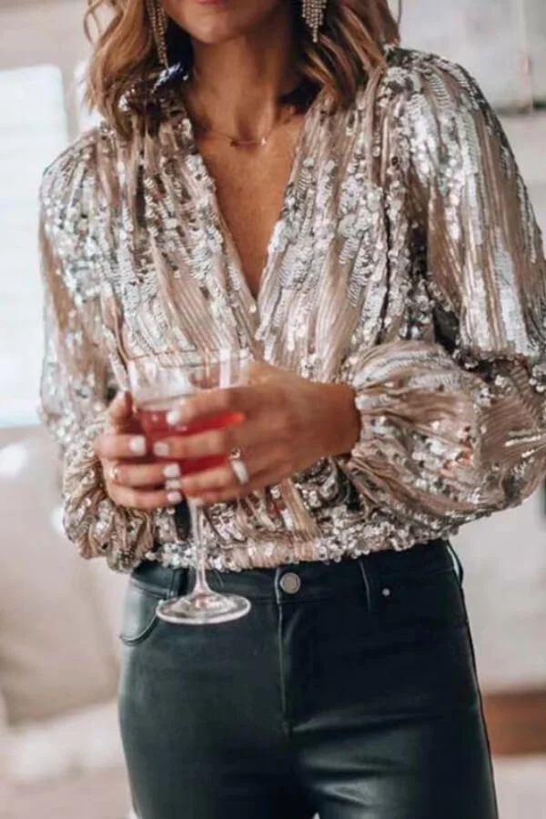 Fashion Sexy V Neck Sequin Top