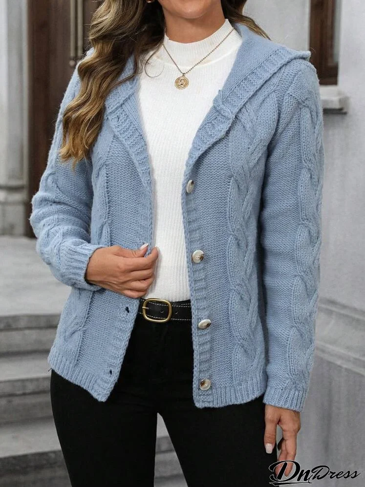 Women's Solid Color Cable Knit Long Sleeve Hooded Loose Cardigan, Fall/Winter
