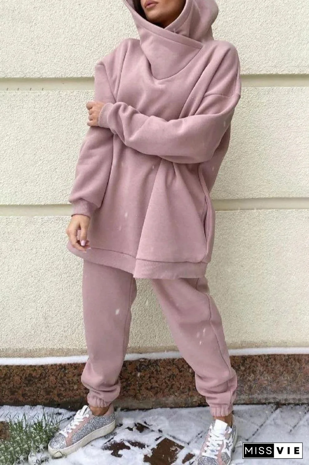 Casual Solid Pocket Hooded Collar Long Sleeve Two Pieces