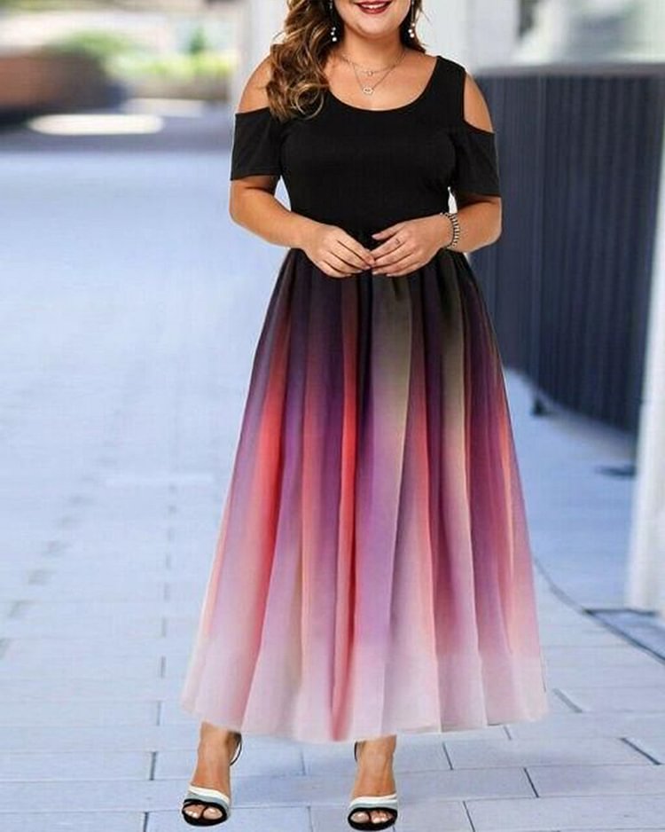 Sleeve Off Shoulder Plus Size Purple Print Dress Women's