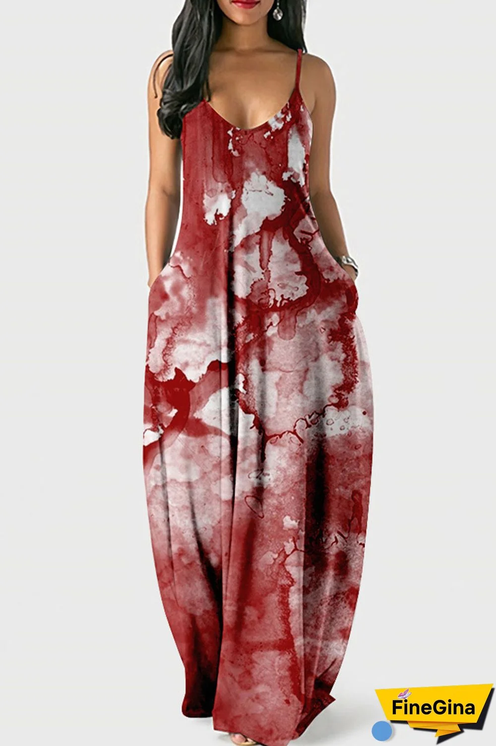 Multicolor Street Print Patchwork Spaghetti Strap Lantern Dress Dresses