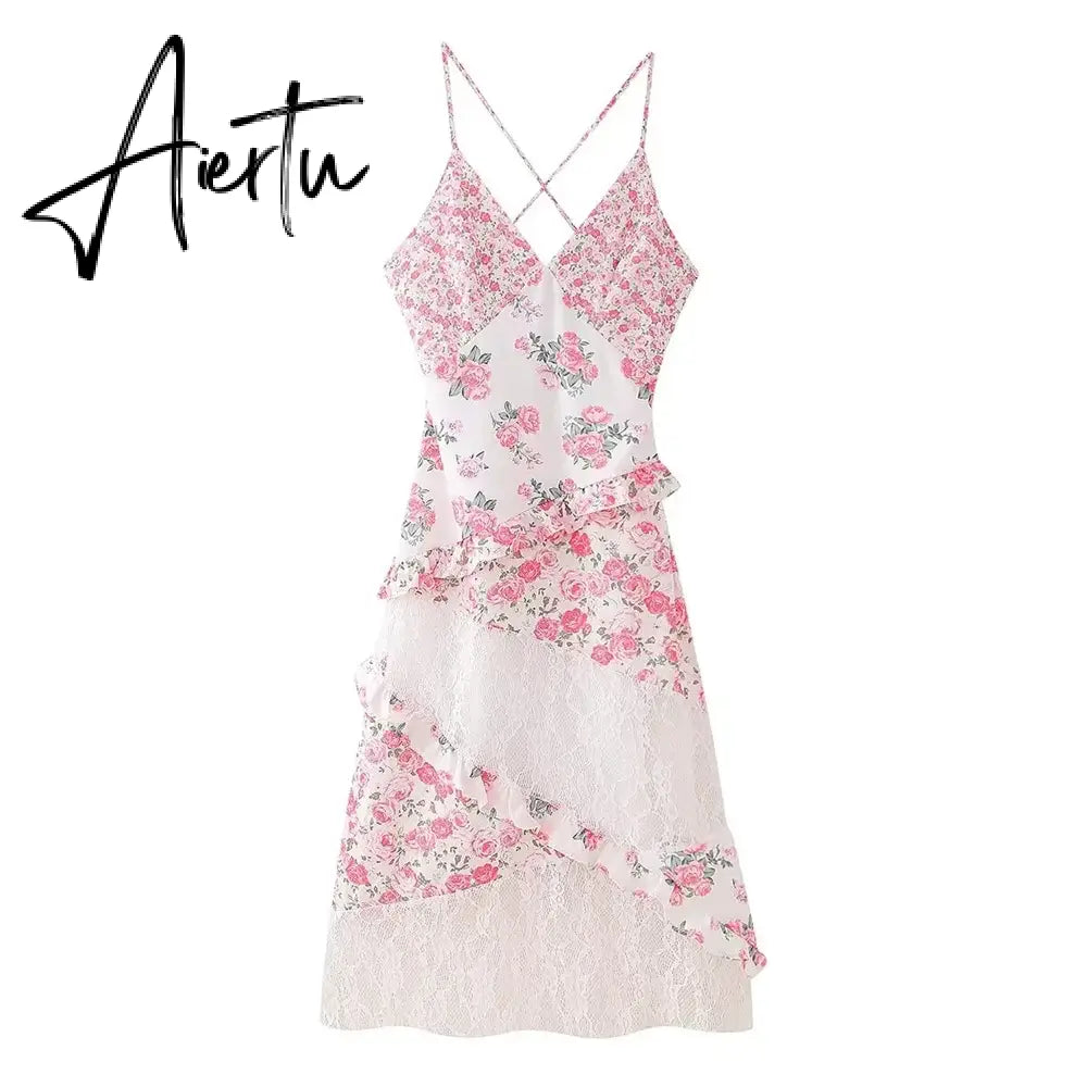 Aiertu Spring/Summer New Women's Clothing Style Versatile Slimming Printed Lace Spliced Suspended Dress Aiertu