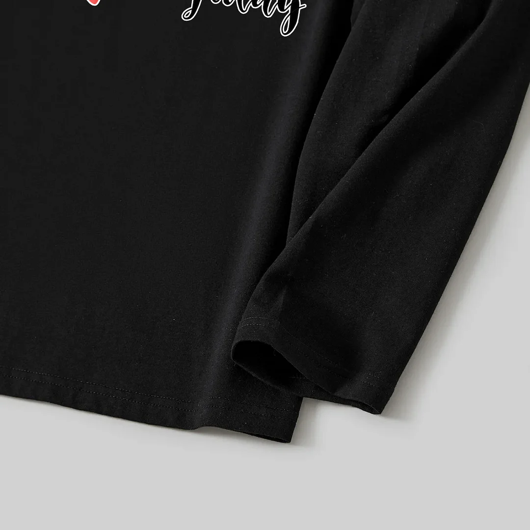 Christmas Cartoon Pattern and Light Print Black Long Sleeve Top with Green and Black Plaid Family Matching Pajamas