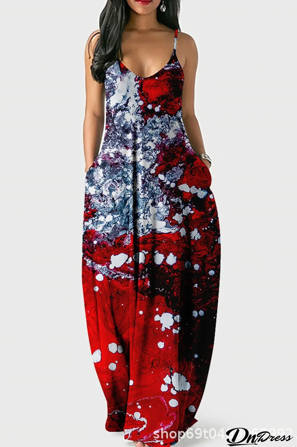Red Casual Print Patchwork Spaghetti Strap Sling Dress Dresses