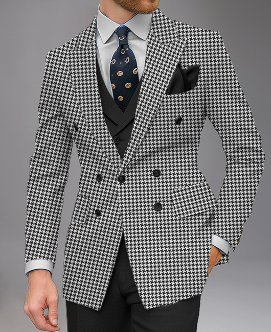 Okaywear Business Peaked Lapel Buttons Side Slits Houndstooth Blazer