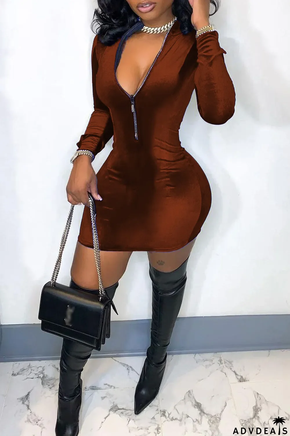 Blue Fashion Casual Solid Split Joint Zipper Collar Long Sleeve Dresses