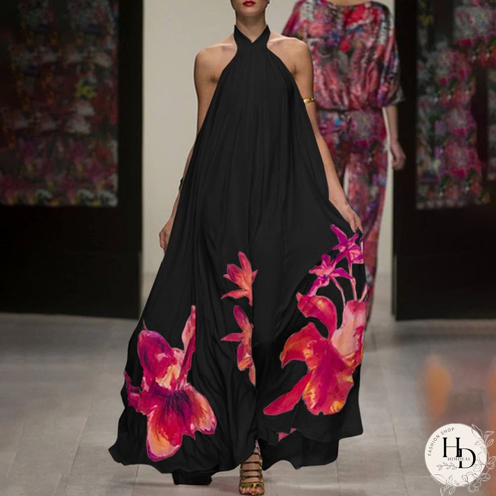 Summer Party Evening Sundress Women Floral Halter Backless Long Dress Casual Baggy