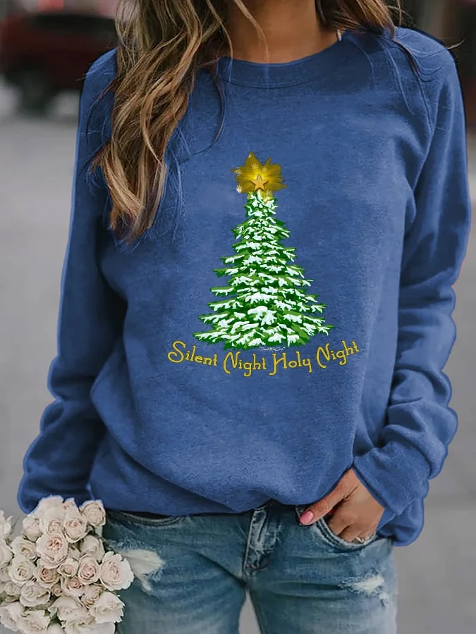 Women's Merry Christmas Tree Print Sweatshirt-mysite