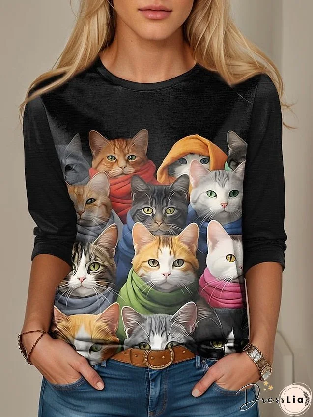 Women's T shirt Tee Cat 3D Black Gray Print Long Sleeve Daily Weekend Fashion Funny Round Neck Regular Fit Spring & Fall