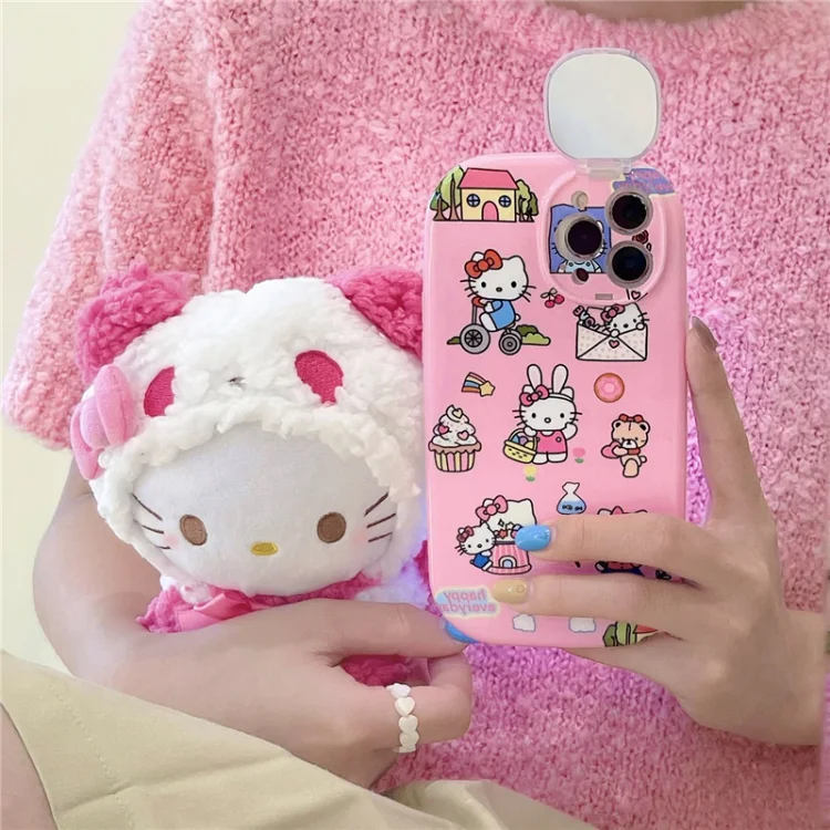 Cartoon Pink Phone Case With Hidden Mirror Stand