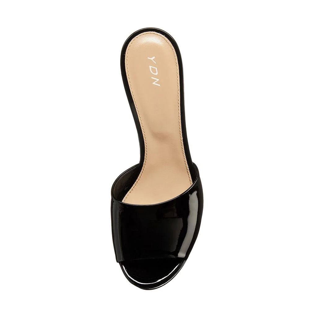 Patent Leather Round Toe Wide Band Wedge Heel Platform Mules in Black