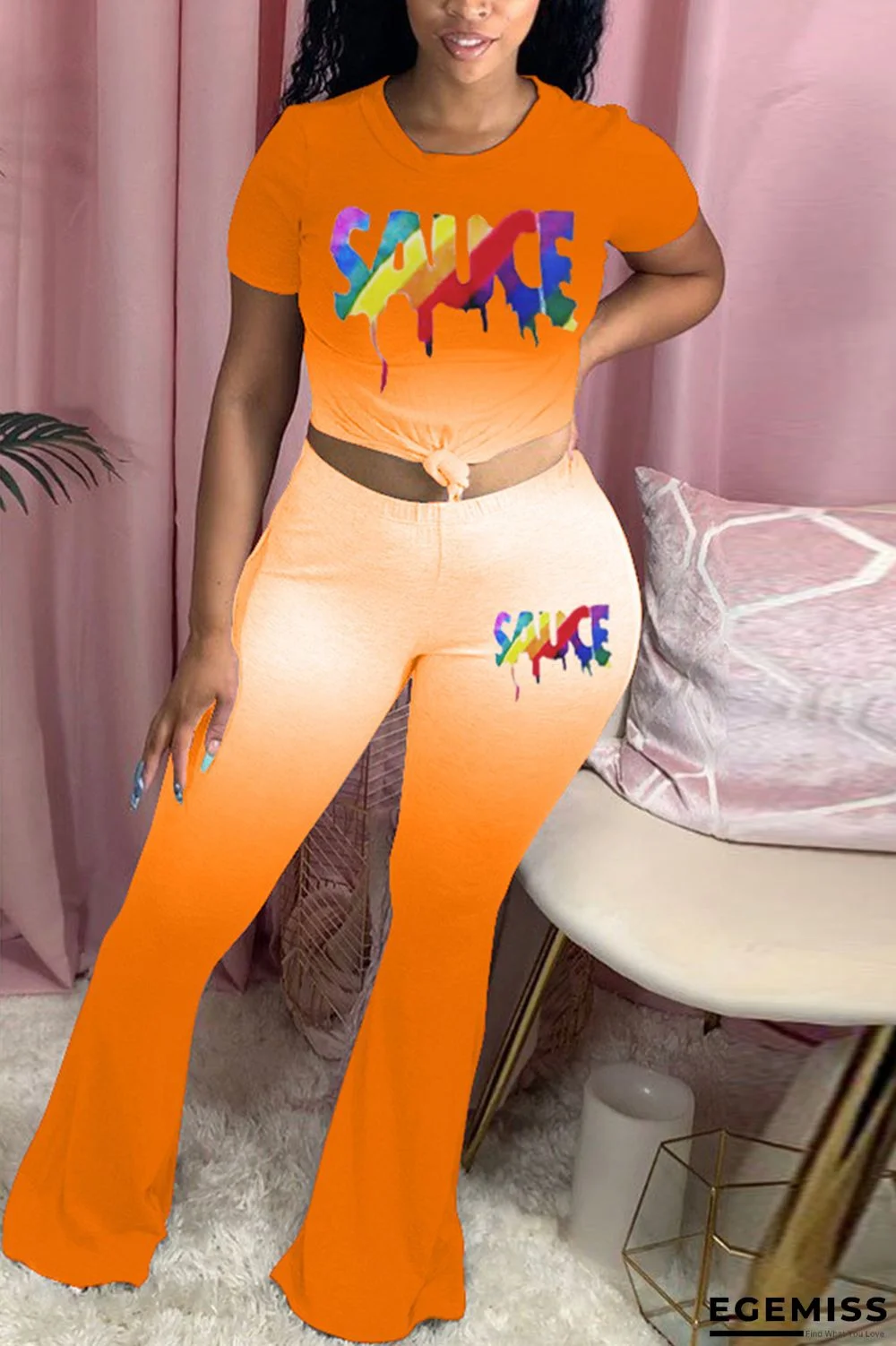 Orange Blends Sexy Print Gradient Boot Cut Short Sleeve Two Pieces | EGEMISS